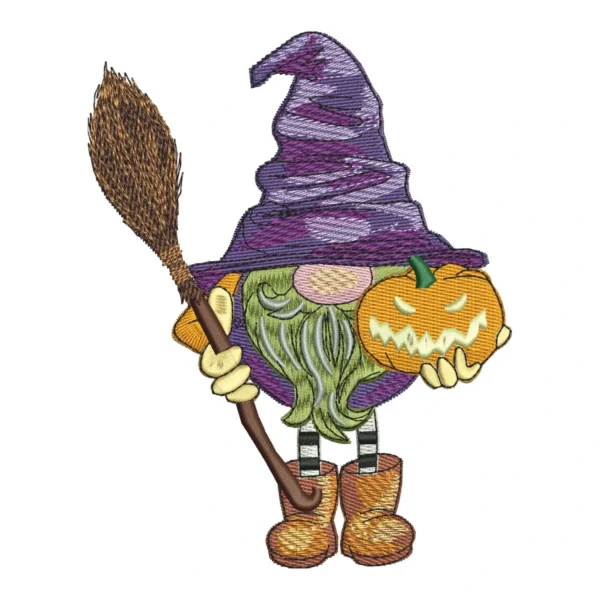 Halloween gnome embroidery design 1 - gnome with broom embroidery - gnome with pumpkin design