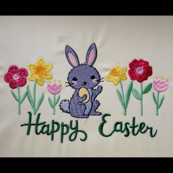 Happy Easter embroidery design - spring flowers embroidery pattern