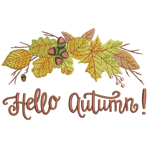 Hello autumn embroidery design - colorful leaves embroidery pattern
