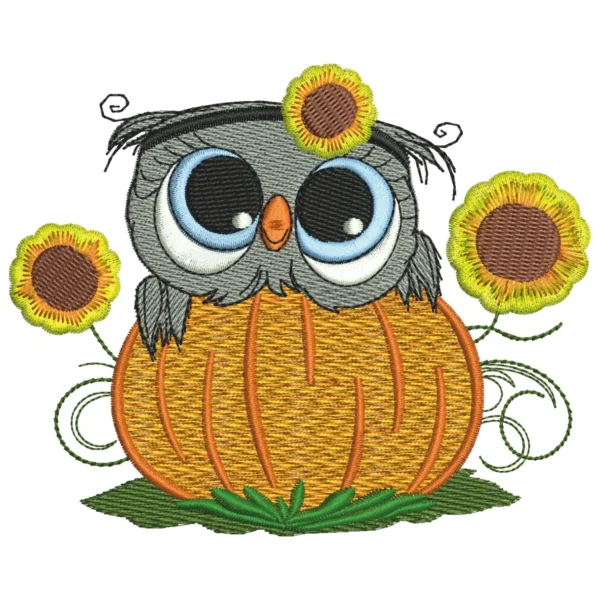 Pumpkin and owl embroidery design - Autumn embroidery pattern 1