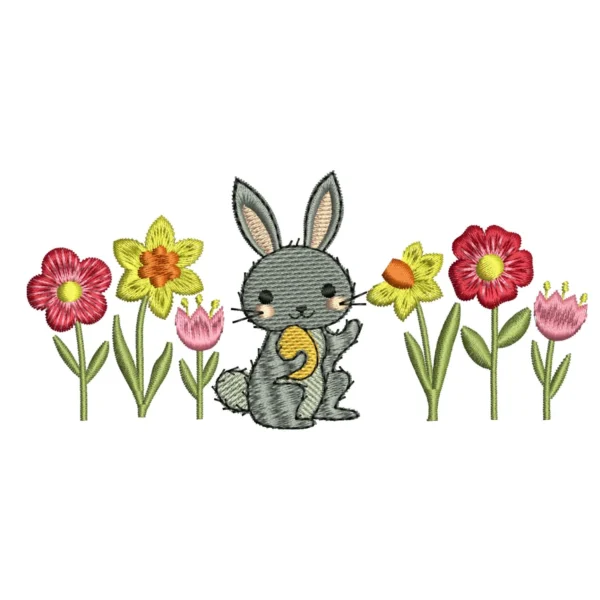 Spring embroidery design - cute bunny embroidery pattern - spring flowers embroidery design