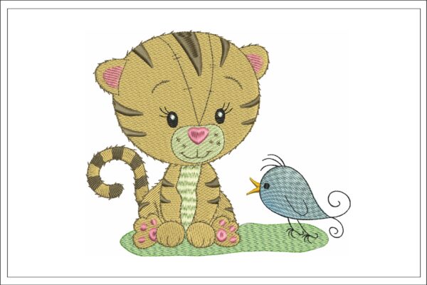 Cute tiger and bird embroidery
