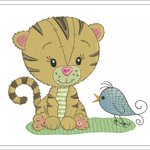 Cute tiger and bird embroidery