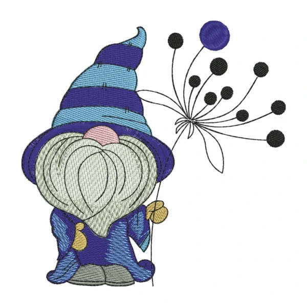 Gnome with dandelion embroidery design - cute gnome embroidery pattern - wizard gnome embroidery