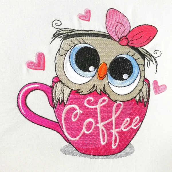 Owl embroidery design - coffee embroidery design - coffee owl embroidery