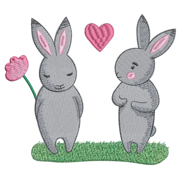 Cute bunnies in love embroidery design - whimsical embroidery pattern
