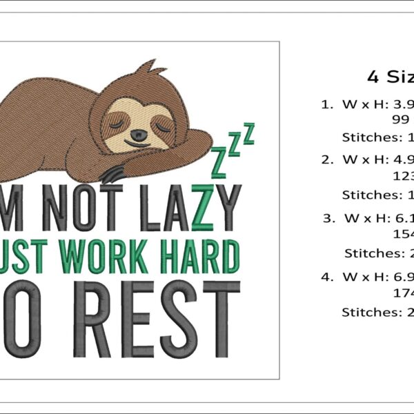 Not Lazy Sloth embroidery design