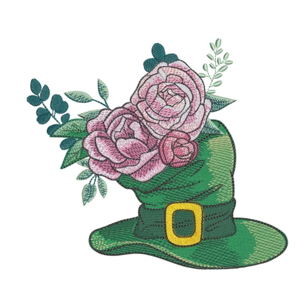 Floral hat embroidery design - green hat embroidery pattern - St Patrick's Day embroidery pattern