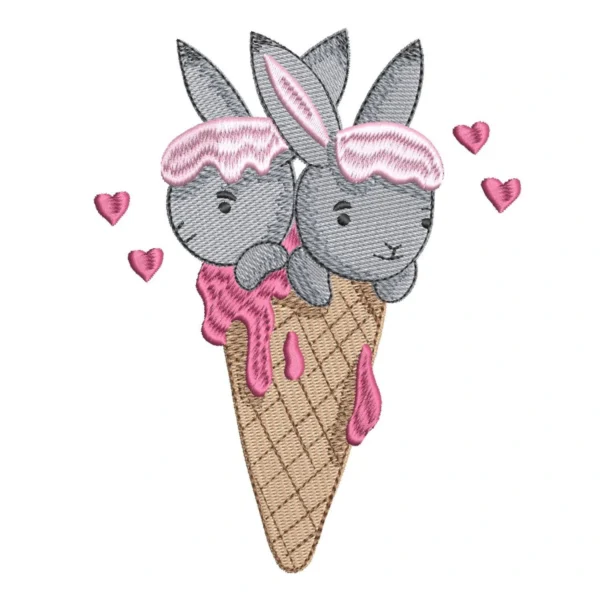 Ice cream bunnies embroidery design - cute whimsical animals pattern
