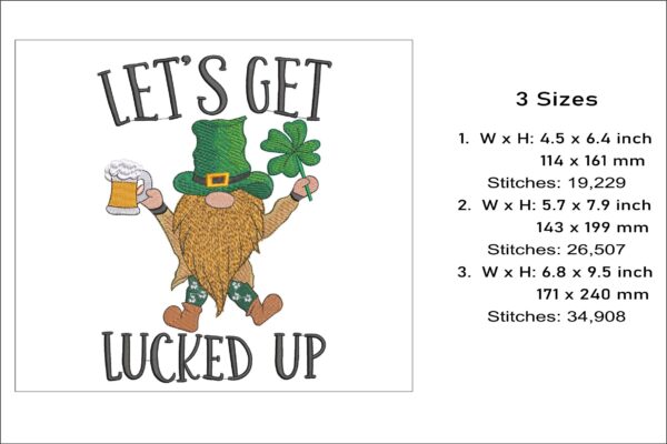 Lets Get Lucked Up Irish gnome embroidery design