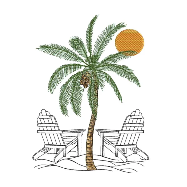 Palm tree, chair and sun embroidery design