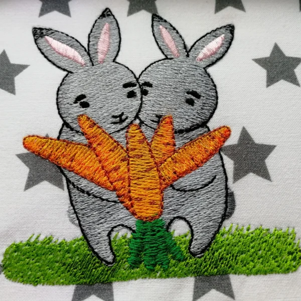 Two cute bunnies with carrots embroidery design - cute bunny embroidery - spring embroidery design