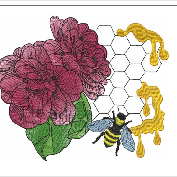 Peonies bee honey embroidery design