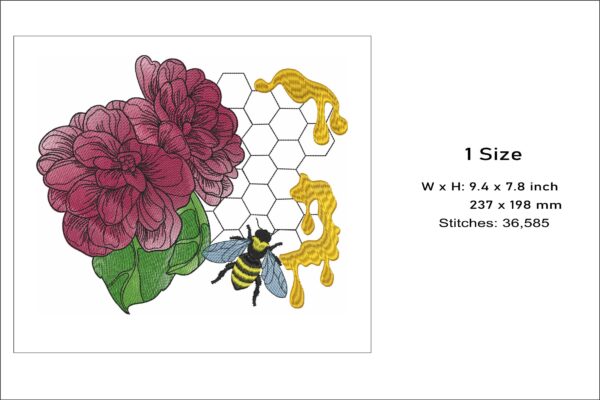 Peonies bee honey embroidery design