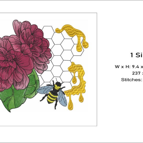 Peonies bee honey embroidery design