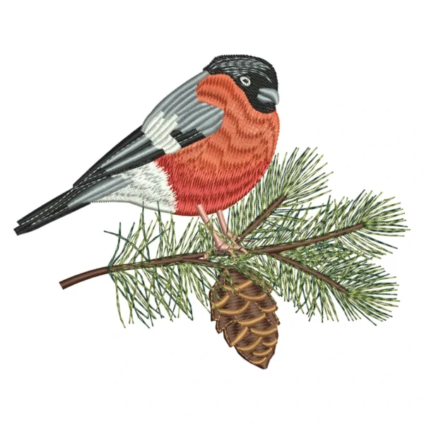 Bullfinch embroidery design - bird embroidery pattern - pine branch embroidery design