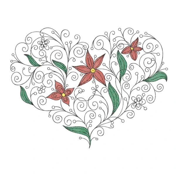 Floral heart embroidery design 2 - sketch embroidery pattern