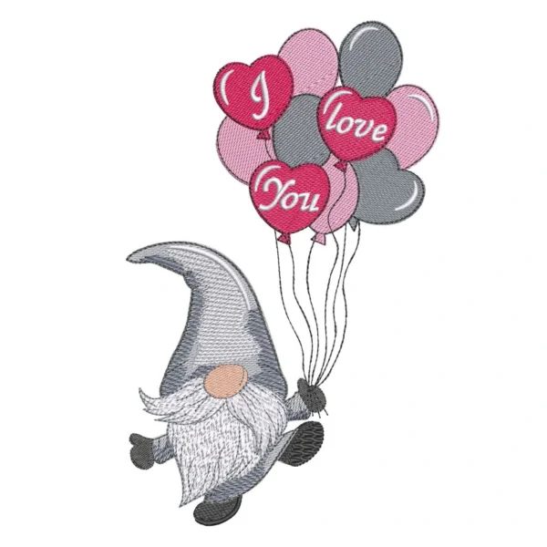 Gnome with balloons embroidery design - Valentine's Day embroidery pattern - love gnome embroidery