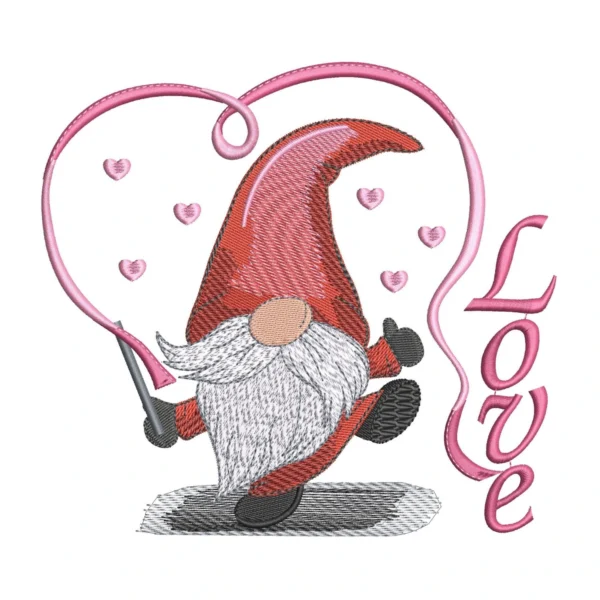 Happy gnome embroidery design - love gnome embroidery - Valentine's Day embroidery pattern