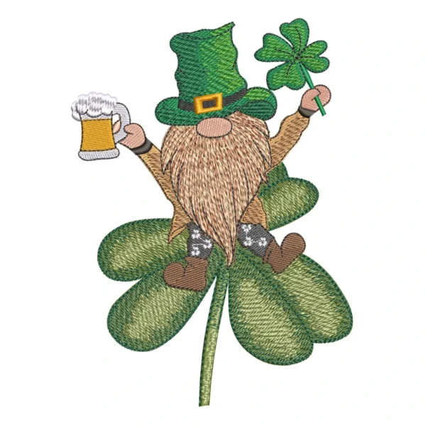 Irish gnome with clover embroidery design - Irish embroidery pattern - gnome embroidery