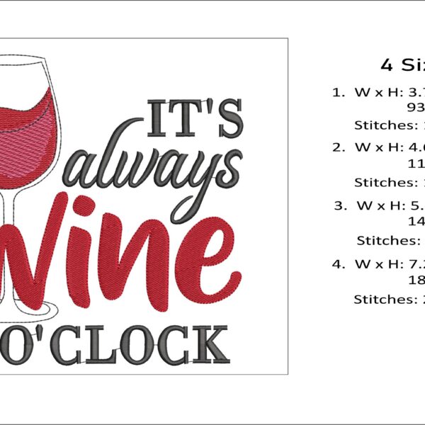 It's always wine o'clock embroidery design