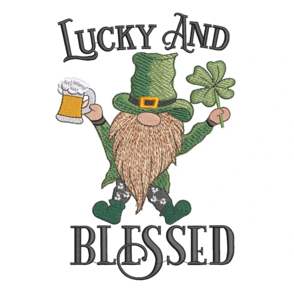 Lucky and blessed embroidery design - St. Patrick's Day embroidery - Irish gnome embroidery pattern