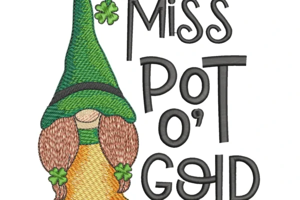 Miss pot o gold embroidery design - Irish gnome embroidery pattern - Miss gnome embroidery design