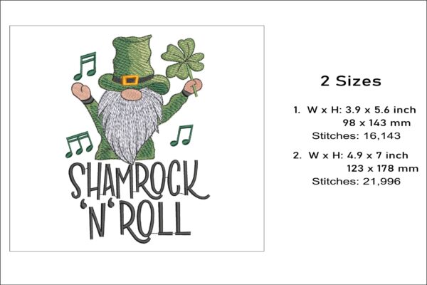 Shamrock N Roll gnome embroidery design