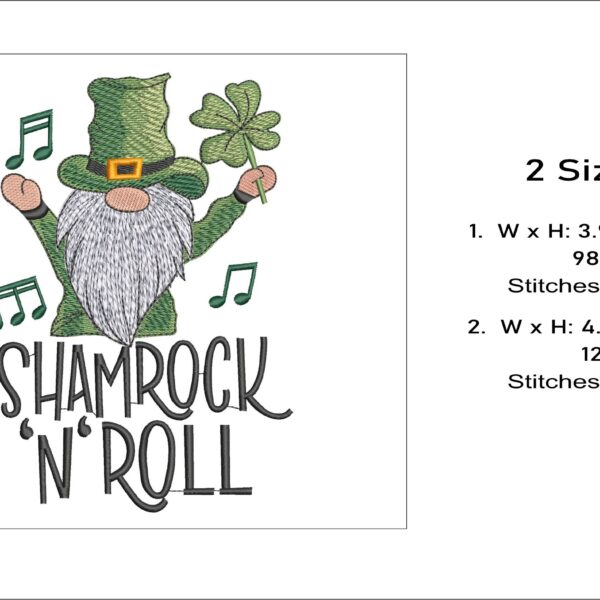 Shamrock N Roll gnome embroidery design