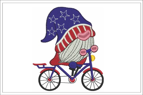 Gnome riding a bike embroidery design