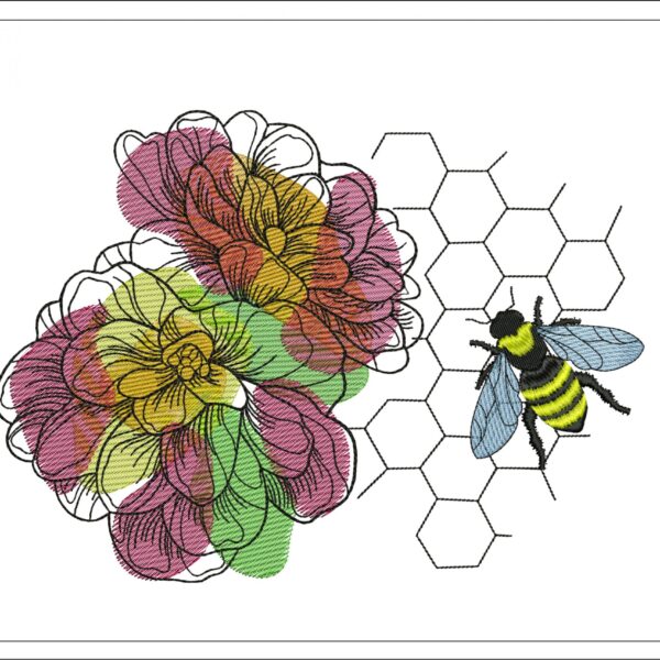 Bee and peonies embroidery design