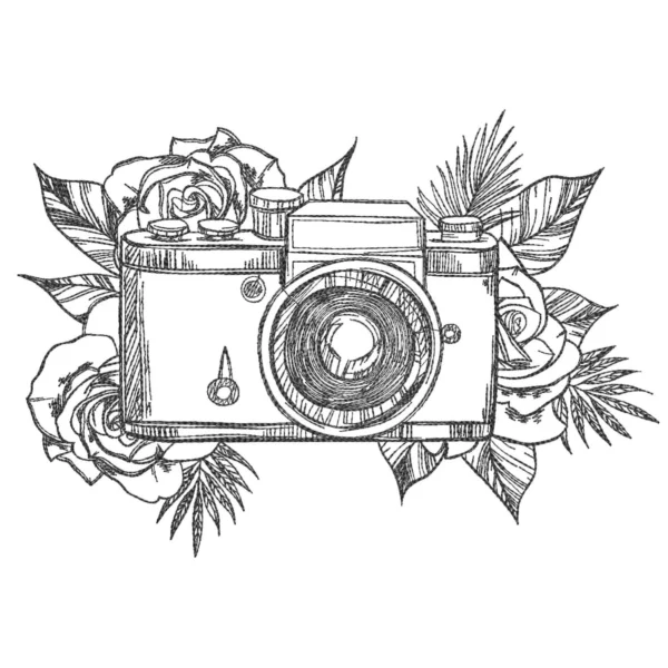 Camera with flowers embroidery design - sketch embroidery design - machine embroidery pattern