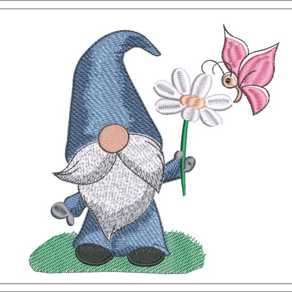 Gnome With Daisy And Butterfly embroidery design