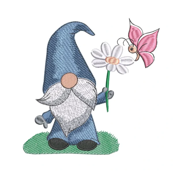 Gnome with daisy embroidery design 2 - spring embroidery design - butterfly embroidery