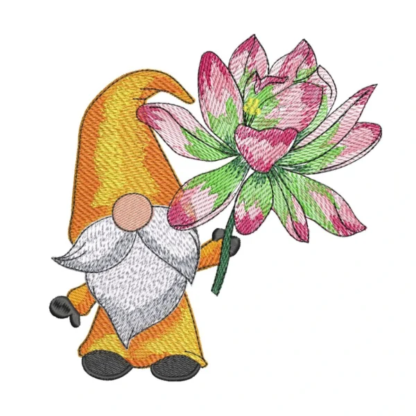 Gnome with flower embroidery design - lotus flower embroidery - gnome embroidery pattern