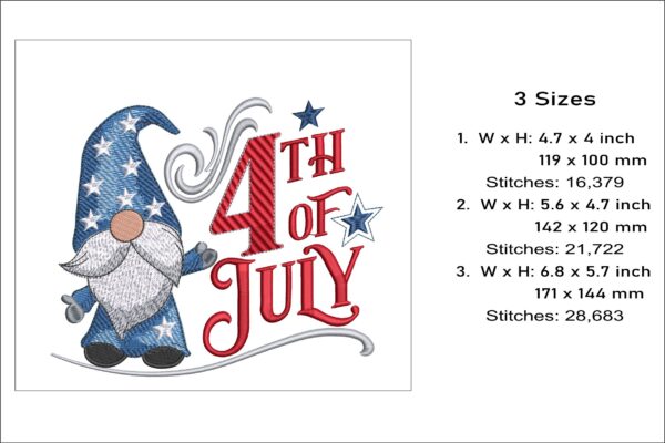 4th of July Gnome embroidery design