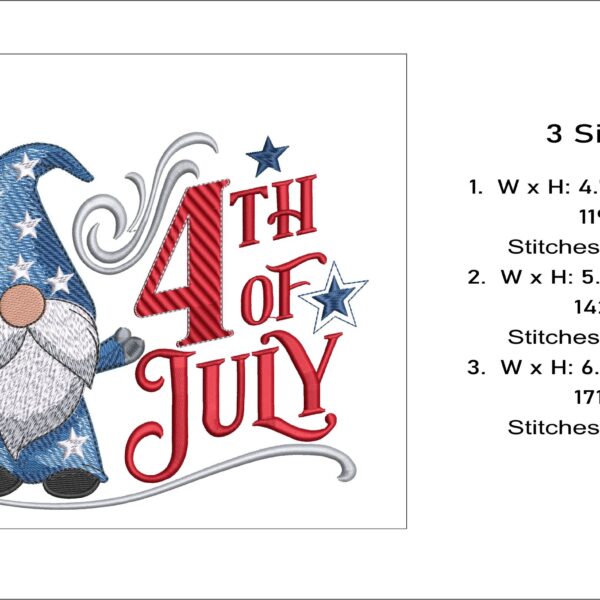 4th of July Gnome embroidery design