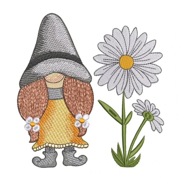 Miss Gnome embroidery design - gnome with flower embroidery - daisy embroidery pattern - spring embroidery design