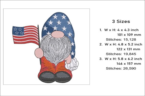 Patriotic Gnome embroidery design