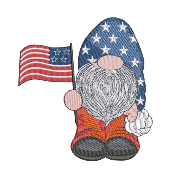 Patriotic gnome embroidery design - gnome with flag embroidery - American gnome embroidery pattern