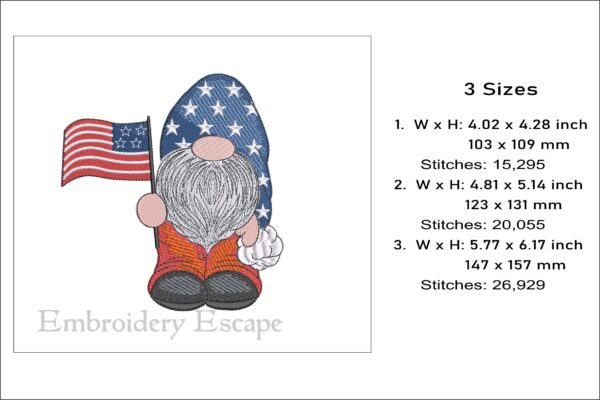 Patriotic gnome embroidery design