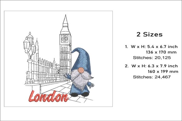 Gnome London Big Ben embroidery design