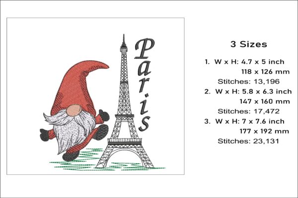 Gnome Paris Eiffel Tower embroidery design