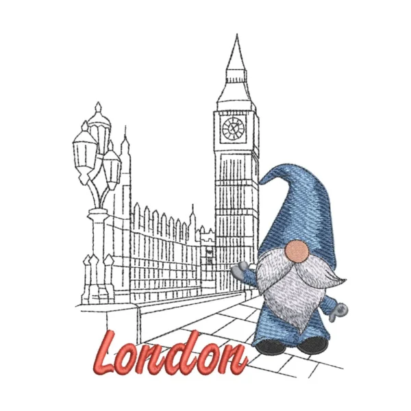 Gnome in London embroidery design - travel gnome embroidery pattern