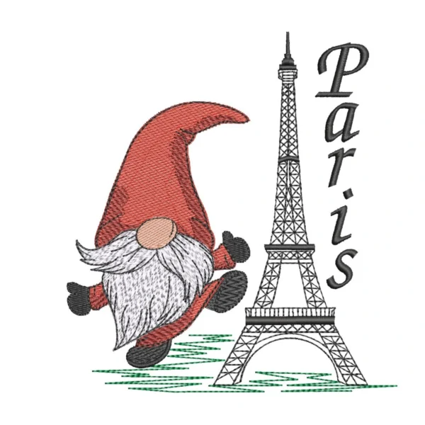 Gnome in Paris embroidery design - travel embroidery design - gnome embroidery pattern