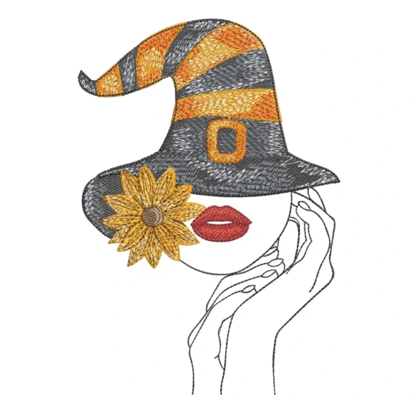 Witch embroidery design - woman with flower embroidery - Halloween embroidery pattern