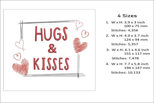 Hugs and kisses embroidery design