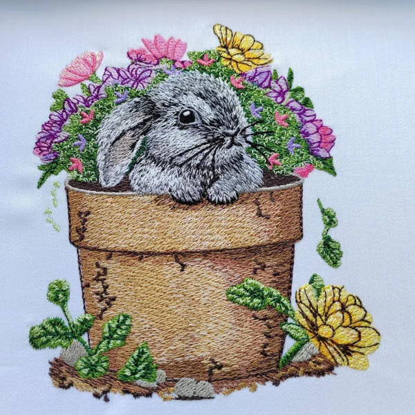 Bunny in a flowerpot embroidery design