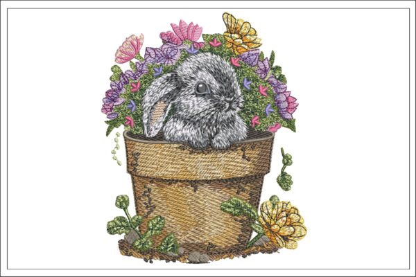 Cute bunny in the pot embroidery design