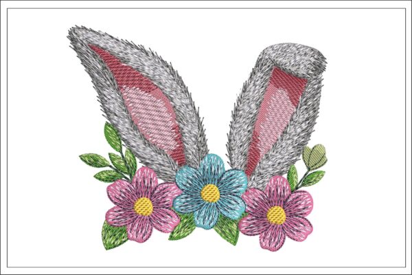 Bunny Ears With Spring Flowers Embroidery Design
